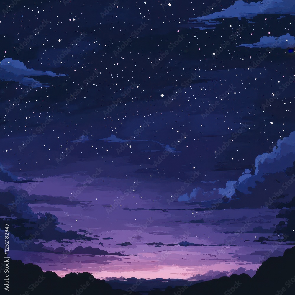 Fototapeta premium Starry night landscape with purple clouds and silhouetted trees