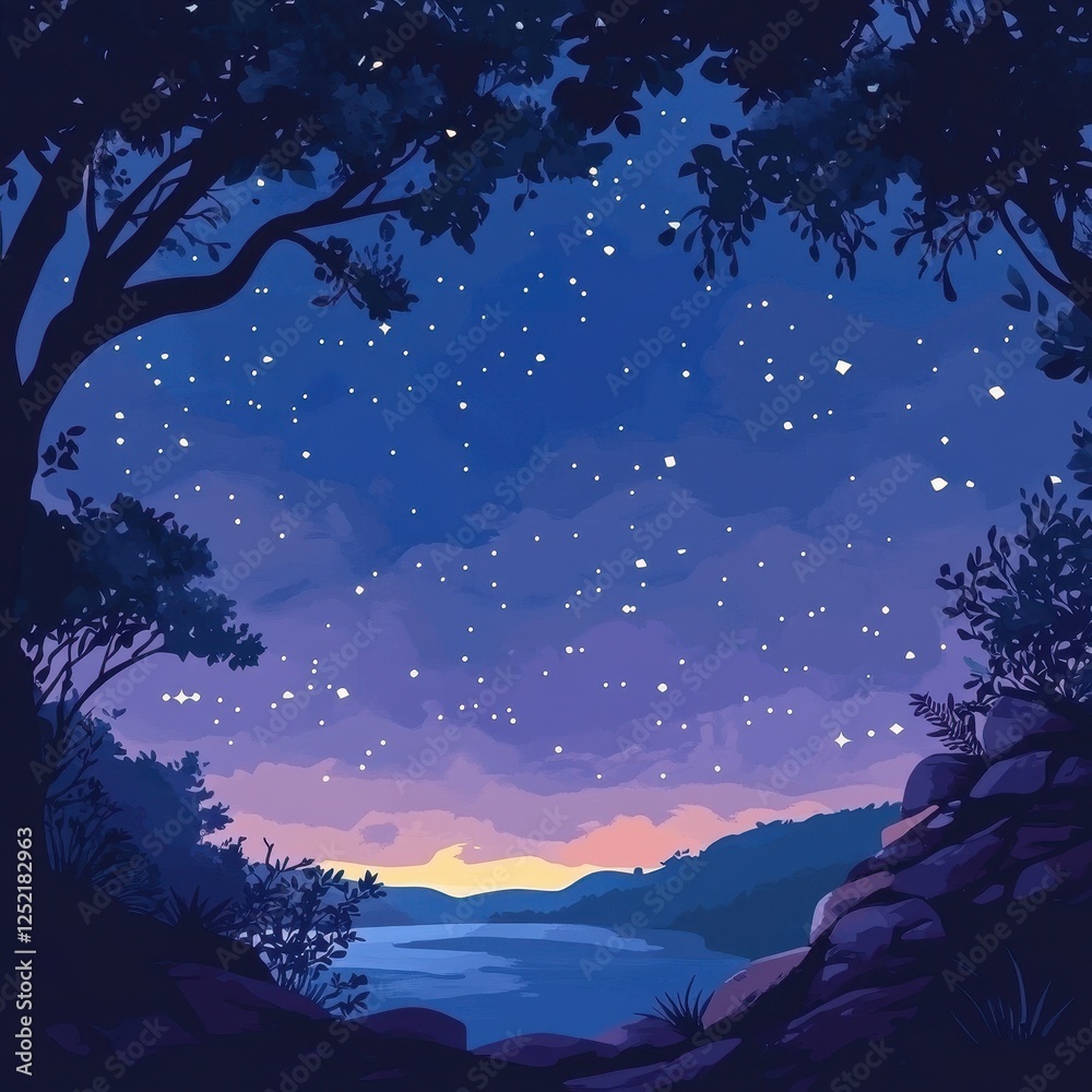 Fototapeta premium Starry night sky is framed by trees and landscapes