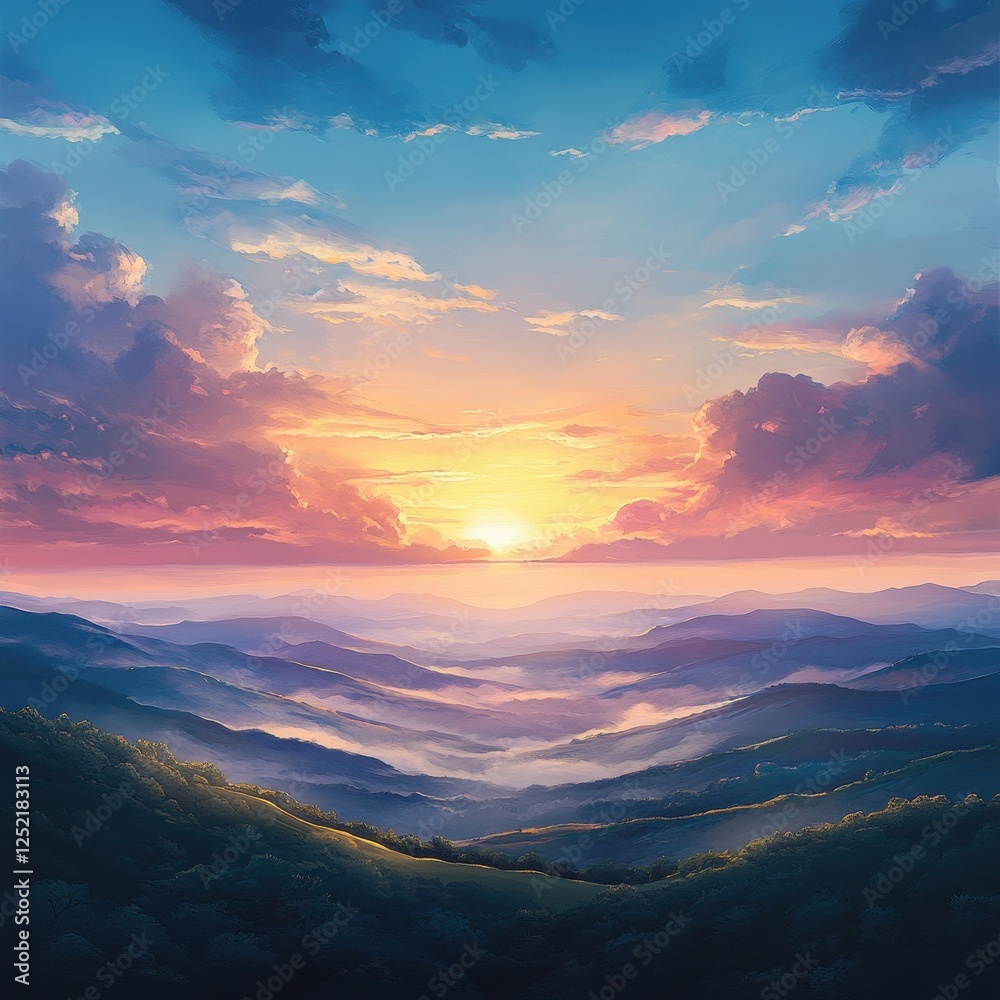 Obraz premium Beautiful landscape with mountains sunset clouds and dreamy sky