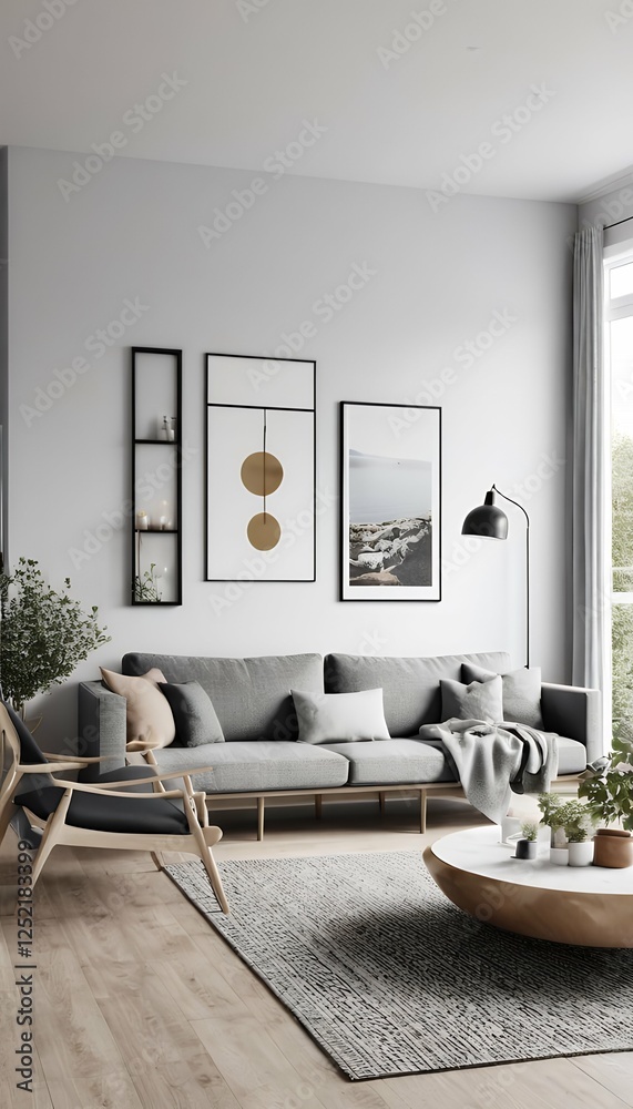 3d render home living decor design scandinavian room trendy interior wooden chair interior room natural furniture scandinavian home carpet farmhouse design beige empty wall armchair white living
