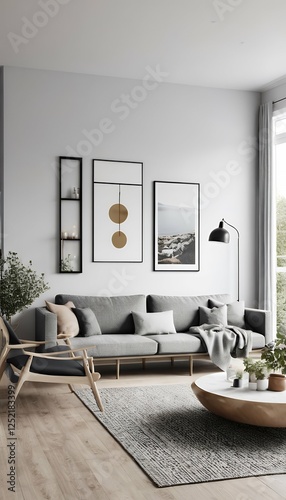 Obraz na płótnie 3d render home living decor design scandinavian room trendy interior wooden chair interior room natural furniture scandinavian home carpet farmhouse design beige empty wall armchair white living w salonie