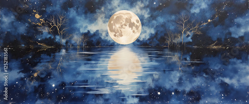 Watercolor full moon reflecting on still water, poetic scene