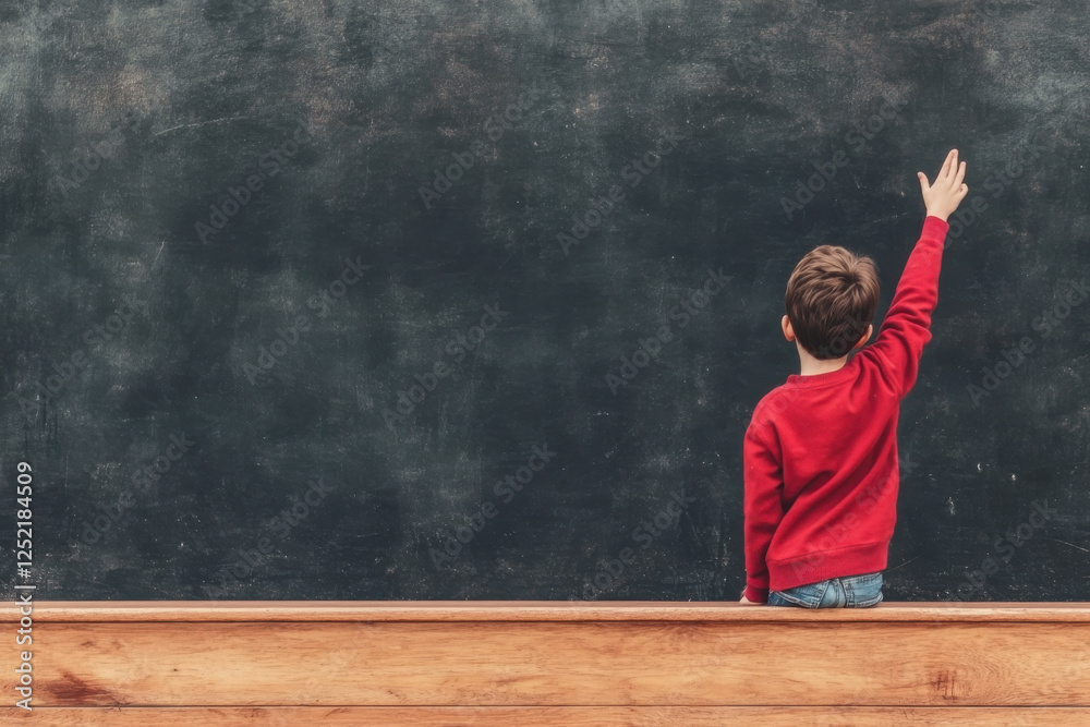 A boy is standing in front of a blackboard and pointing up A boy is standing in front of a blackboard and pointing up