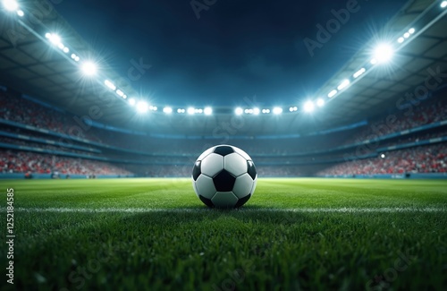 Soccer ball lies on stadium field at night. Spotlights illuminate arena. Championship game. Green grass. Arena full of fans. Sport competition under dark blue sky. Shiny black and white football.