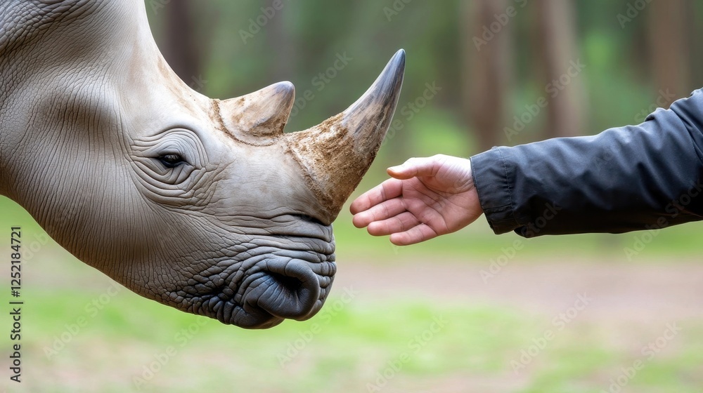 Close-up, a rhinoceros face with a human hand reaching out, suggesting a gentle interaction with the wildlife. Close-up, a rhinoceros face with a human hand reaching out, suggesting a gentle interaction with the wildlife.
