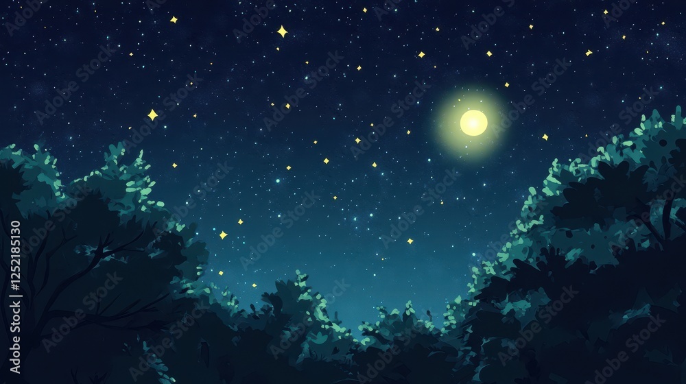 Fototapeta premium Tranquil night scene with luminous moon and starry sky