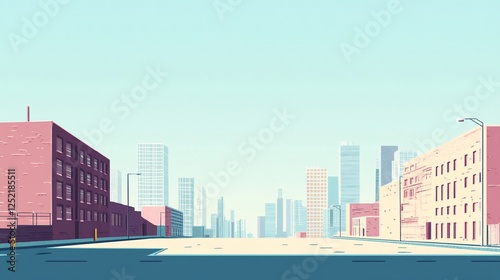 A minimalist illustration of a city street with pastel buildings and a clear blue sky