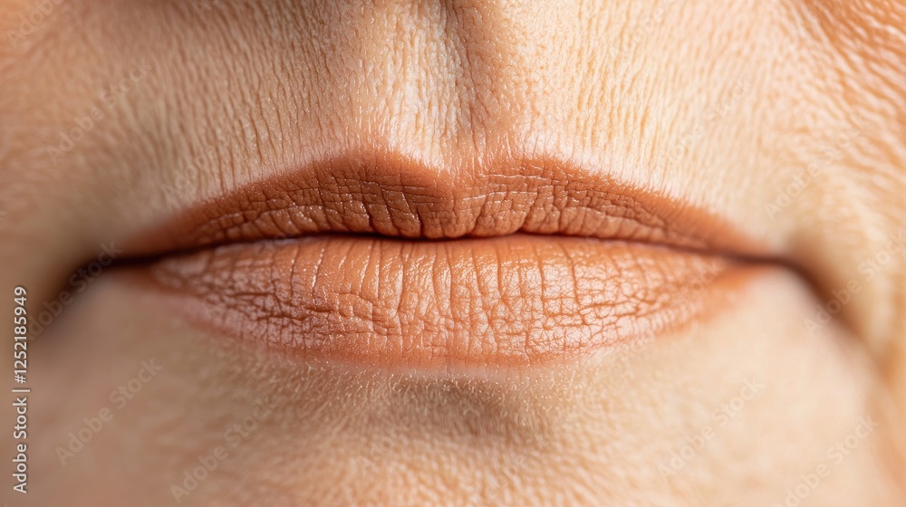 Obraz premium Close-up of woman's lips with light brown lipstick. Possible use in beauty, cosmetics, or aging skincare articles