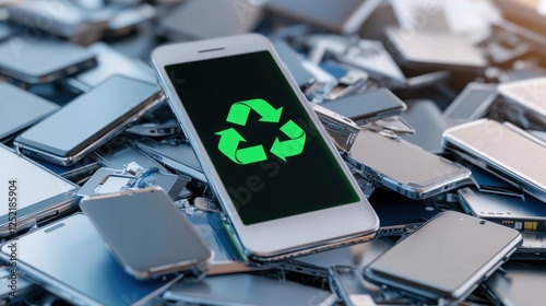A smartphone with recycle symbol on screen atop a pile of broken smartphones, suggesting e-waste recycling.