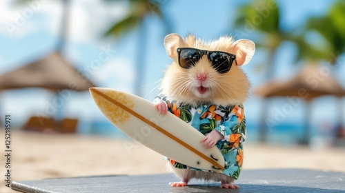 A hamster wearing sunglasses and a Hawaiian shirt, holding a surfboard on a tropical beach.