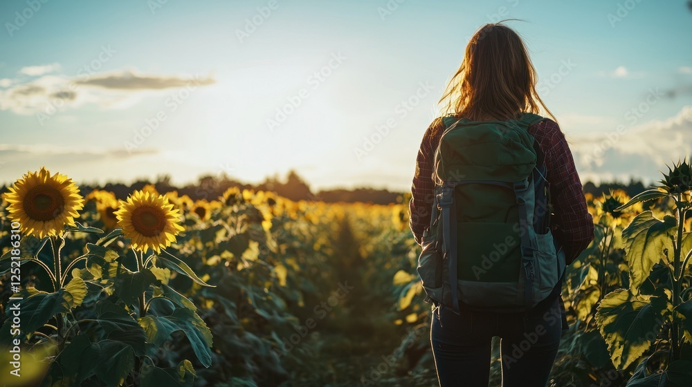 Fototapeta premium A female solo traveler standing in a sunflower field, enjoying the view and the sunlight. 