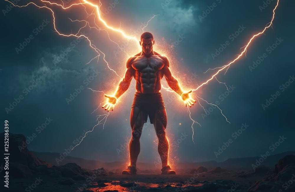 Obraz premium Strong muscular man in lightning flashes, athlete silhouette with energy. Electric thunderbolts poster, fit body experiencing power. Gym exercise background. Quantum energy illustration.