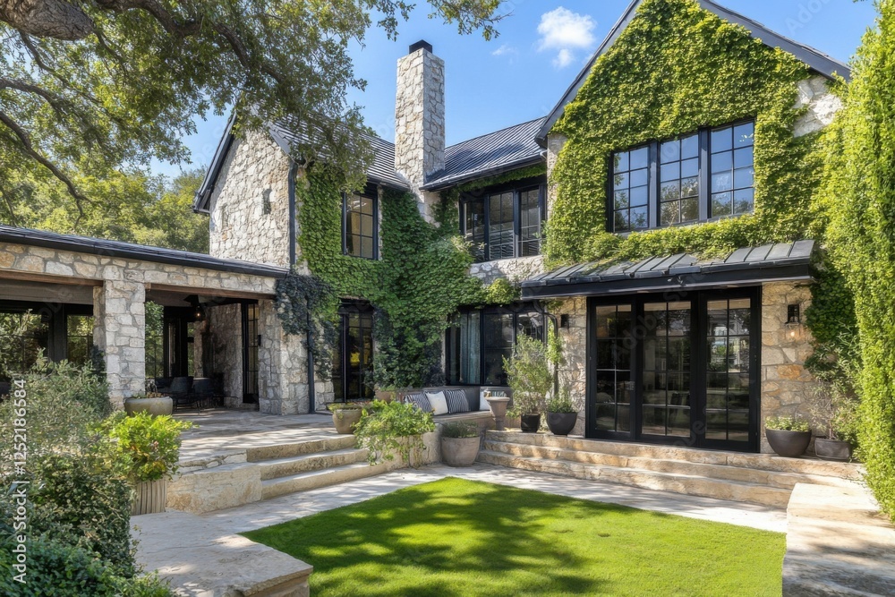 A charming stone house is nestled amidst lush greenery, featuring a vibrant garden under a serene, clear blue sky, creating a peaceful outdoor haven A charming stone house is nestled amidst lush greenery, featuring a vibrant garden under a serene, clear blue sky, creating a peaceful outdoor haven