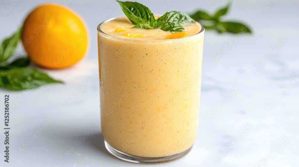 Mango smoothie in glass on marble surface Mango smoothie in glass on marble surface
