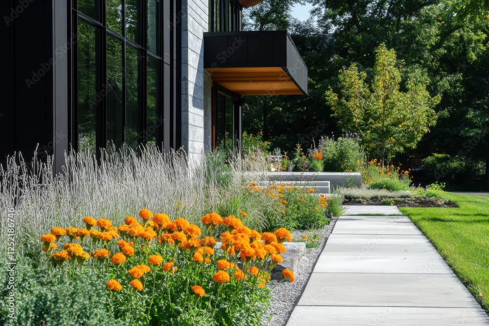 Fototapeta premium Colorful garden blooms enhance modern landscaping around a contemporary building on a sunny day, creating a vibrant outdoor space