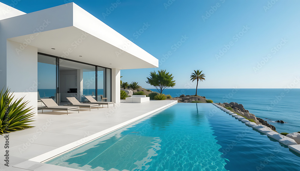 Fototapeta premium A Modern Minimalist Oceanfront Villa with Infinity Pool and Scenic Views