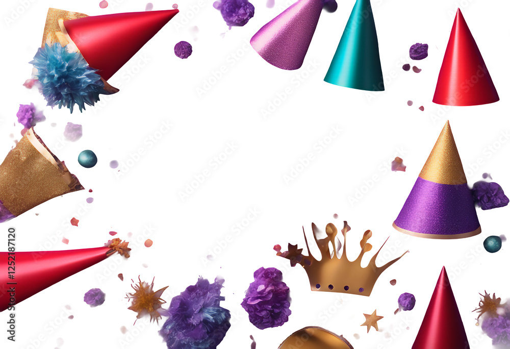 composition space fun items bright celebration celebrate birthday text item frame background violet festive view colourful hat copy nobody object other top lay border flat party hats decoration