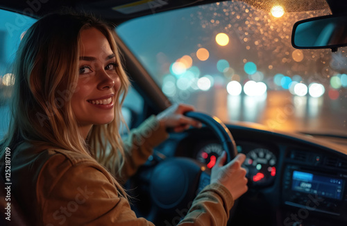 Smiling woman driving car at night during rain, city lights in background through wet windshield. Happy blonde girl looks at camera holding steering wheel, travelling. Safe drive concept.
