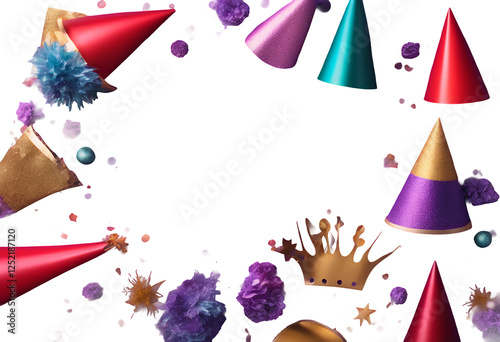 Obraz na płótnie composition space fun items bright celebration celebrate birthday text item frame background violet festive view colourful hat copy nobody object other top lay border flat party hats decoration w salonie