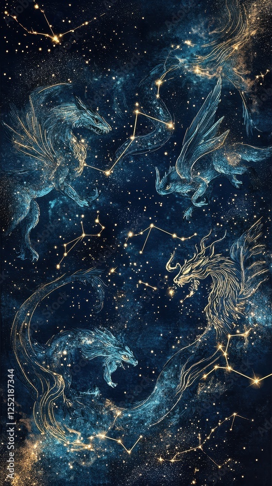 Fototapeta premium Celestial dragons soar amidst constellations in a mystical cosmic dance