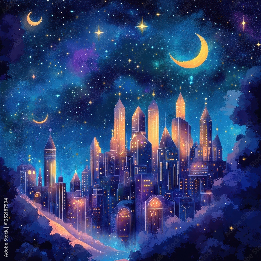 Fototapeta premium Dreamy cityscape glows under a starry sky with crescent moons