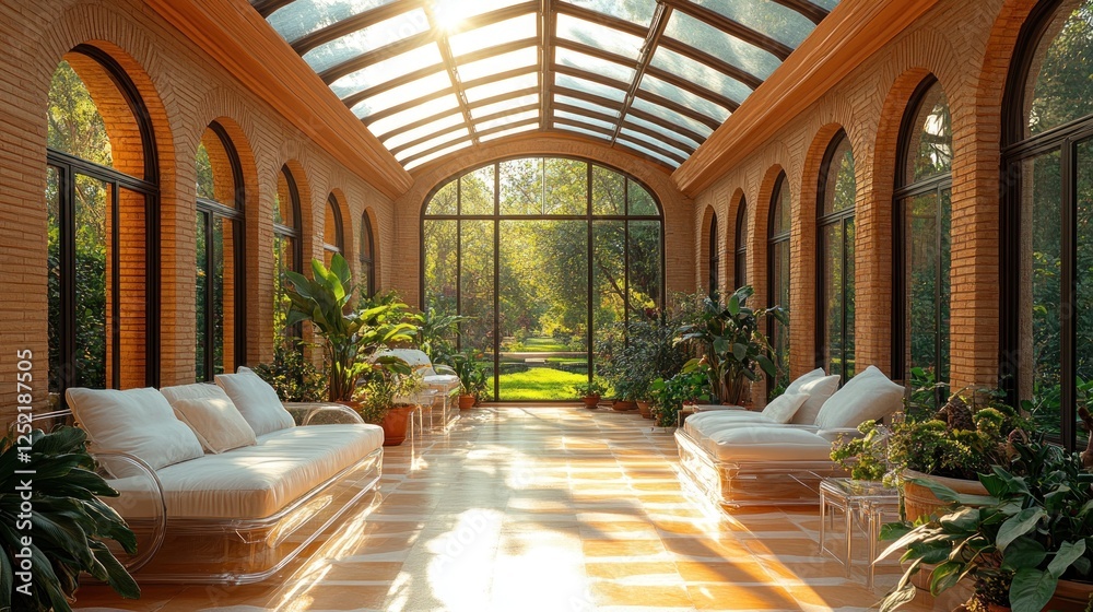 Fototapeta premium Sunlit Conservatory Lounge, Plants, Garden View