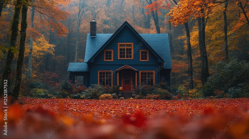Obraz premium Autumnal forest home, misty woods, fall leaves, cozy cottage, seasonal postcard