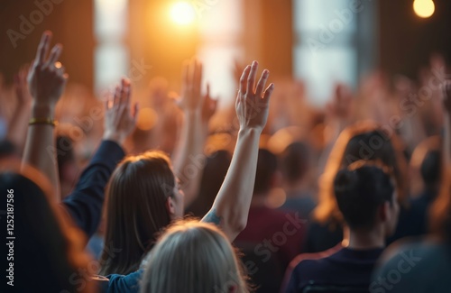 Blur crowd raising hands. Discuss suggestion, voting in council meeting, cooperation of democracy. Diverse group participate, celebrate, rally, protest, political change, activist, demonstration.