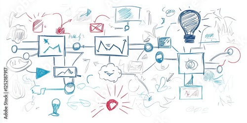 Conceptual sketch displaying process flowchart diagrams icons and lightbulb