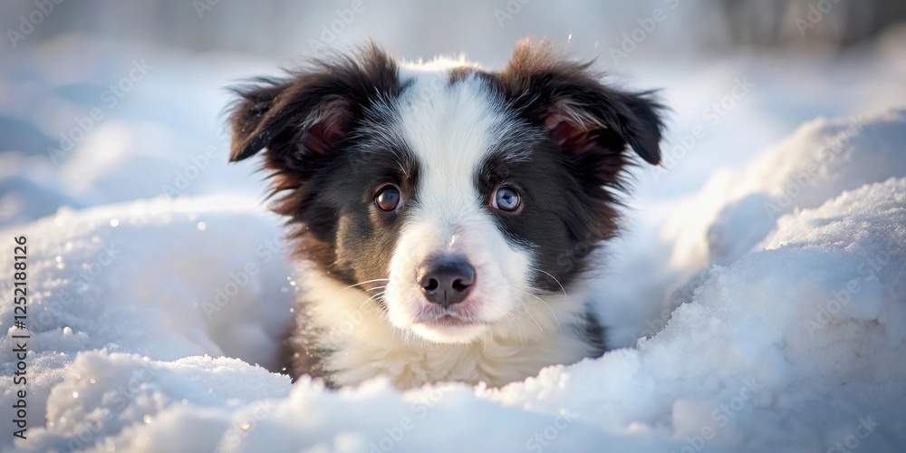 Adorable border collie puppy snuggled up in a snowbank, its fluffy white coat glistening with fresh powder, winter, pet Adorable border collie puppy snuggled up in a snowbank, its fluffy white coat glistening with fresh powder, winter, pet