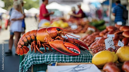 Close-up of a lobster on a table at a market, using focus stacking technique. The photo was taken with a Canon EOS camera.