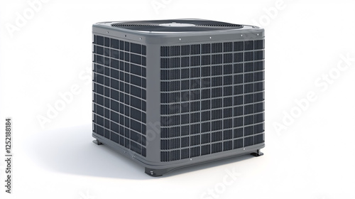 An HVAC unit is isolated against a white background, serving as a condenser for home air conditioning systems.
