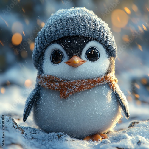 A cute penguin chick wearing a knitted hat and scarf stands in a snowy landscape, creating an adorable winter scene filled with warmth and charm. photo