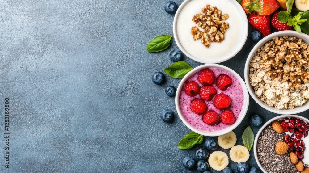 Healthy breakfast bowls with berries, nuts, and yogurt Healthy breakfast bowls with berries, nuts, and yogurt