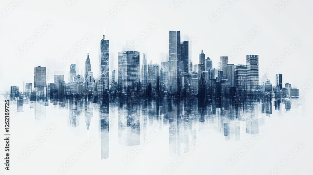 Abstract cityscape rendering features skyscrapers and their mirrored reflections Abstract cityscape rendering features skyscrapers and their mirrored reflections