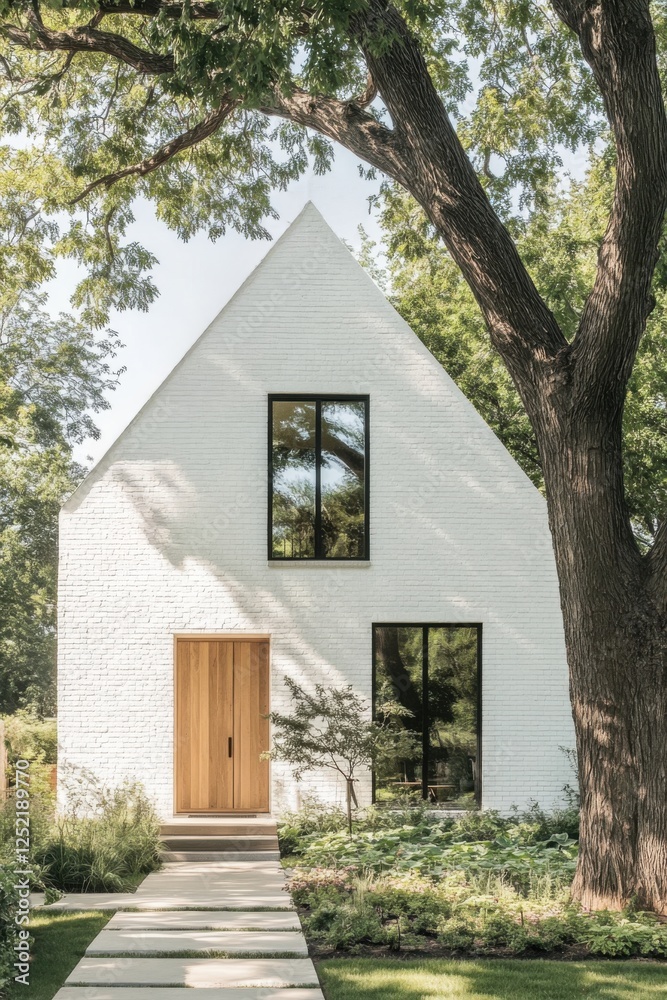 A contemporary white house showcases expansive windows that flood the interior with natural light, while lush greenery beautifully frames the entrance during the daytime A contemporary white house showcases expansive windows that flood the interior with natural light, while lush greenery beautifully frames the entrance during the daytime