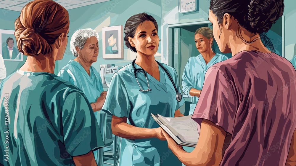 Obraz premium A heartfelt International Women's Day illustration showing women healthcare workers with patients. 