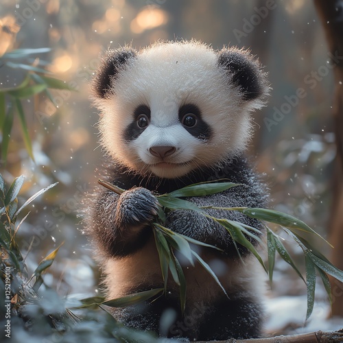 A cute panda cub joyfully munches on bamboo in a serene forest setting photo