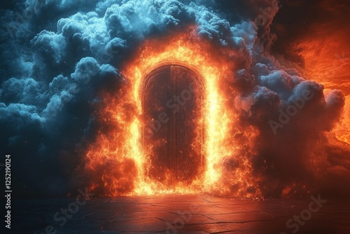 Fiery Hell Gates and Heavenly Portal of Good and Evil in a Surreal Landscape