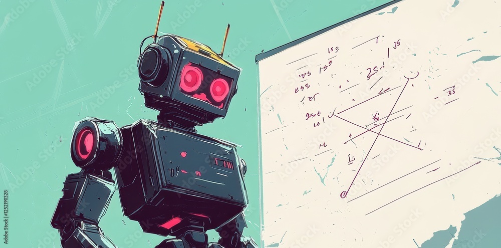 Fototapeta premium Robot presents data charts on white board with red details