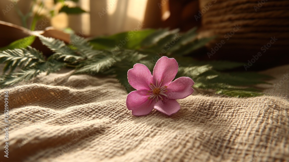 Pink flower, linen fabric, fern, sunlight, rustic setting, craft background