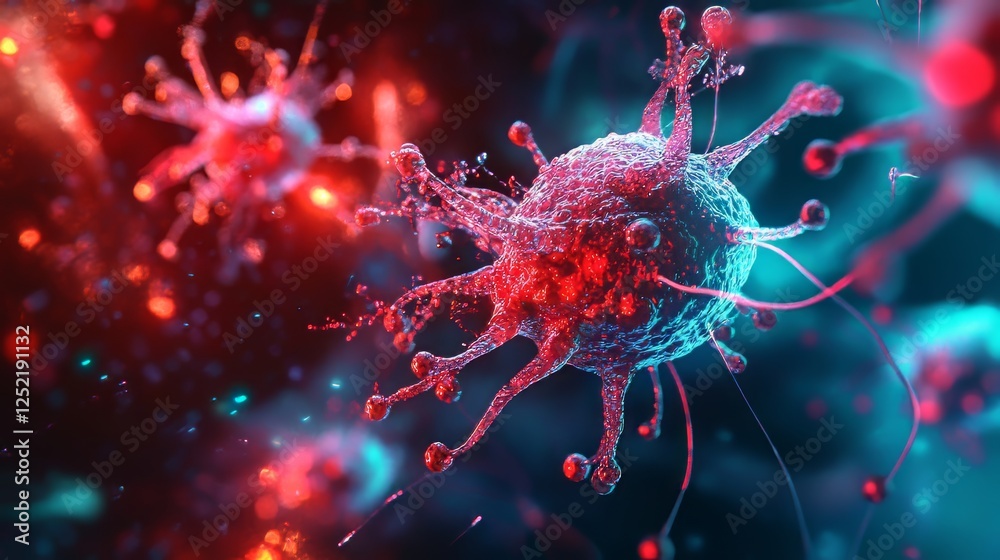 Colorful microscopic view of viruses in a vivid, abstract setting. Colorful microscopic view of viruses in a vivid, abstract setting.