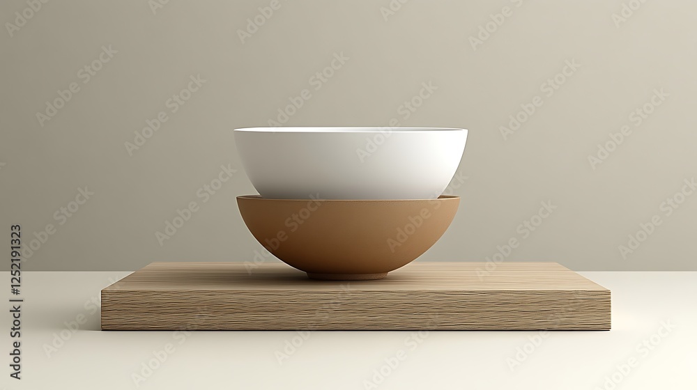 Stacked bowls on wooden platform minimalist display Stacked bowls on wooden platform minimalist display