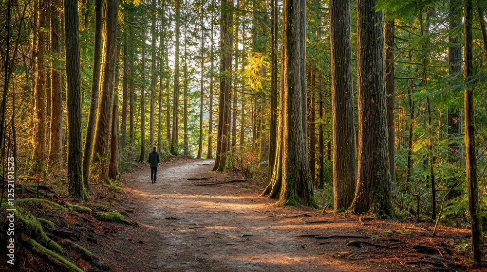 Fototapeta premium A lone adventurer walking along a forest path, surrounded by tall trees and natural beauty. 
