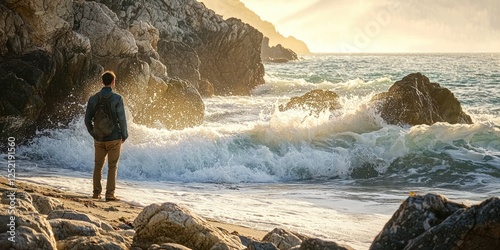 A lone male traveler standing on a rocky beach, watching the waves crash on the shore.