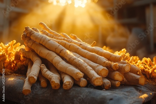 Ashwagandha root harvest in golden light