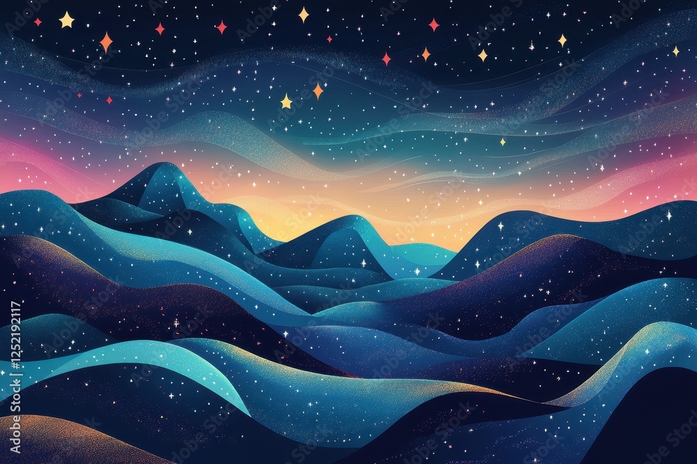 Fototapeta premium Dreamy landscape features rolling hills under a starlit sky