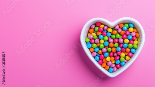 Colorful Candy Sprinkles in Heart-Shaped Bowl on Pink Background