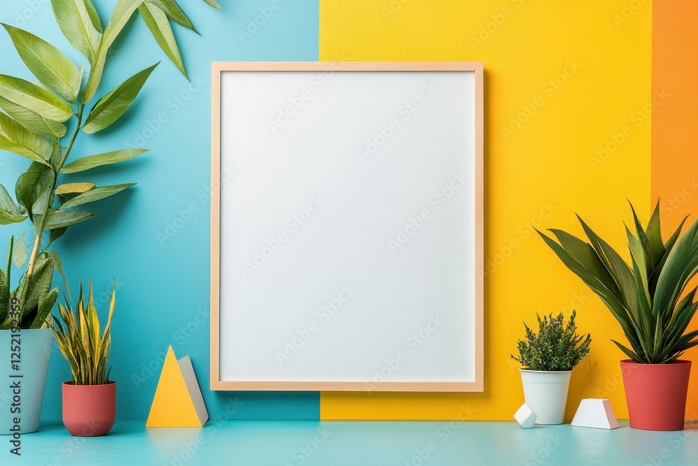 Modern interior scene with a blank frame and plants Modern interior scene with a blank frame and plants