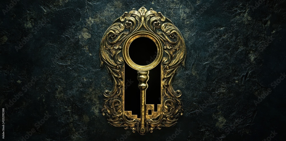 Ornate golden keyhole and key on textured dark background Ornate golden keyhole and key on textured dark background